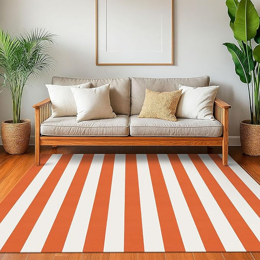 KOZYFLY Striped Outdoor Rug 4x6 Ft Orange and White Halloween Fall Hand Woven Area Rug Washable Outdoor Doormats Indoor Entrance Mat for Front Door Kitchen Entryway Patio Front Porch Decor