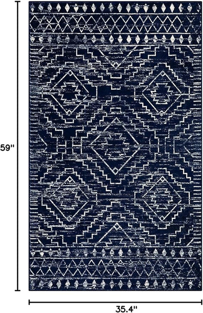 Wonnitar Moroccan Washable Rug 3x5, Blue Non-Slip Entryway Area Rug, Soft Farmhouse Bedroom Throw Mat, Geometric Low Pile Scandinavian Accent Carpet for Entry Kitchen Basement (Blue,3'x5')