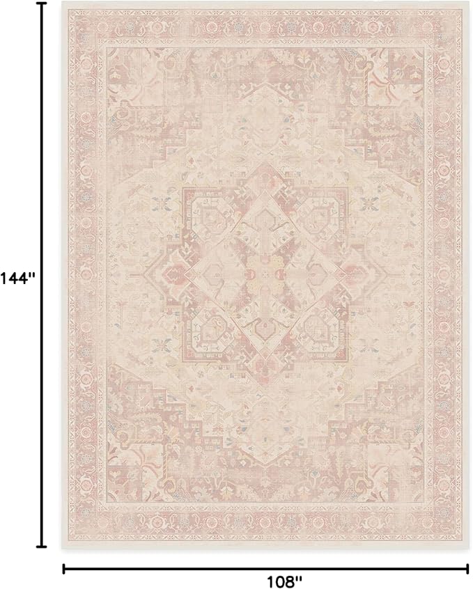RUGGABLE Washable Area Rug – Kamran Soft Pink 9x12, Stain-Resistant, Non-Slip – Large Machine Washable Rugs for Living Room, Bedroom, Hallway, Entryway & Office–with Standard Pad