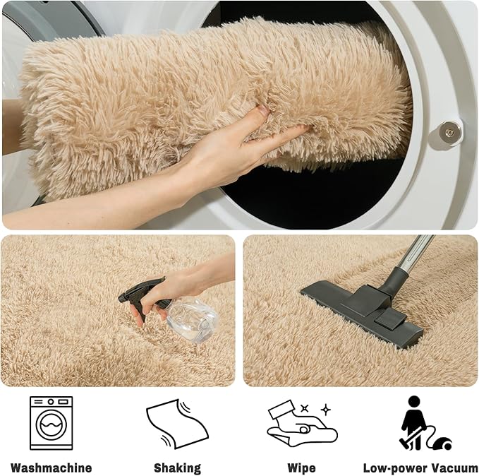 Soft Fluffy Area Rug for Bedroom, Fuzzy Shaggy Oval Throw Rugs for Bedside, Non-Slip Cozy Plush Shag Carpet for Kids Room Nursery Dorm Living Room, Beige, 2.6 x 5.3 Feet, 2 Packs