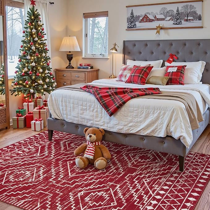 Wonnitar Moroccan Washable 5x7 Rug for Living Room, Soft Chrisrmas Rug for Bedroom, Non-Slip Stain Resistant Geometric Floor Carpet for Dining Table Kitchen Dorm (Red,5'x7')