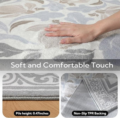 SOULFUL Medium Pile 8x10 Rugs for Living Room - Cozy Soft Underfoot Large Area Rug - Light Taupe Boho Floral - Washable Non-Slip - Perfect for Bedroom Kids Room Under Dining Table Office