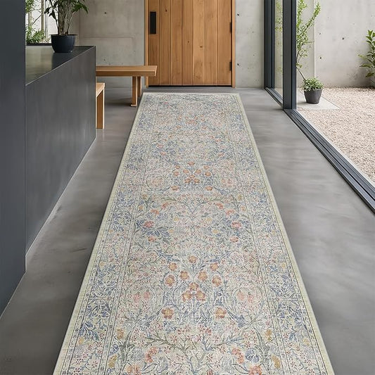 Floral 3x20 Wide Hallway Runner - Beige Blue with Purple Accent, Boho Pastel Decor, Washable Low Pile Non Slip Stain Resistant Rug for Long Kitchen, Hall Way