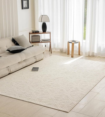 jxgzyy Beige Area Rug, 0.36'' Thick Low Pile Textured Rug, Modern Aesthetic Solid Carpet for High Traffic Area, Stain-Resistant Kitchen Rug with Non-Slip Backing, 5x7