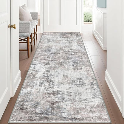 Modern Abstract Hallway Runner Rug, Beige Grey 3x8 Runner Rug, Washable Kitchen Runner Non-Slip Soft Thin Print Faux Wool Carpet for Entryway Bedroom Laundry Room Indoor