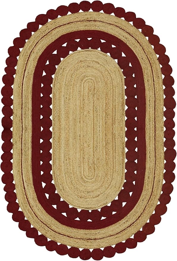 5x7 Jute Oval Rug – Flatweave Kilim Style, 0.27" Thick Solid Red Beige, Hand Braided Natural Jute Handmade Boho Carpet for Bedroom, Living Room, Dining Space