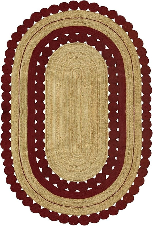 4x15 Flatweave Runner – Oval Flatweave Kilim Rug, Hand Braided Natural Jute, Solid Red Beige, 0.27" Thick Handmade Boho Runner for Entryway, Corridor, Hallway