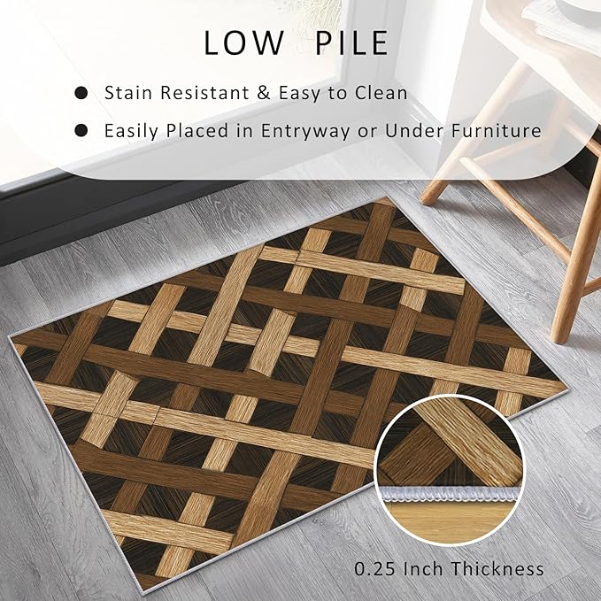 Checkered Rug, Washable 5x8 Rug for Living Room, Wood Grain Patterned Indoor Carpet, Checkered Geometric Decor for Home, Bedroom, Soft Non Slip Thin Design FER29