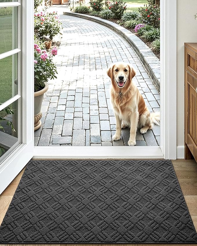LUMI Indoor Door Mat, Absorbent Non-Slip Thin Doormat, Washable Door Mats, Woven Pattern Inside Floor Mat, Ideal for Entryway, Front Door, Home Decor, 32"x48", Woven Grey