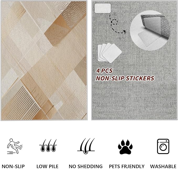 Minimalist Abstract Area Rug 5x6 Brown Boho, Modern Washable Stripe Art Rugs, Soft Non-Slip Low-Pile Carpet for Living Room, Bedroom, Kitchen, Dining Room, Pet Friendly, Non-Shedding, Beige