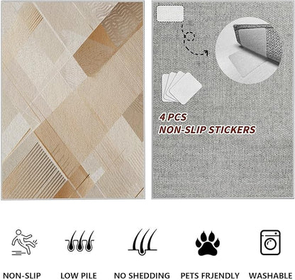 Minimalist Abstract Area Rug 5x6 Brown Boho, Modern Washable Stripe Art Rugs, Soft Non-Slip Low-Pile Carpet for Living Room, Bedroom, Kitchen, Dining Room, Pet Friendly, Non-Shedding, Beige