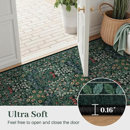 6x9 Area Rugs Living Room Rug - Floral Vintage Morris-Inspired Washable Carpet, Low Pile Non-Shedding Stain Resistance Boho Soft Carpet for Bedroom, Dining Room, Office, Farmhouse (6'x9' Dark Green)