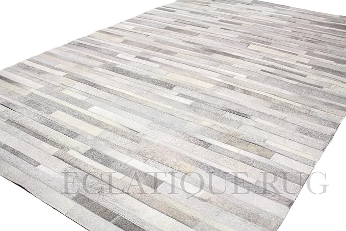 Cowhide Leather Rug for Living Room 6x9 Natural Leather Rug Modern Stripes Style Floor Carpet for Home Decor | Superior Indoor Area Rug Silver