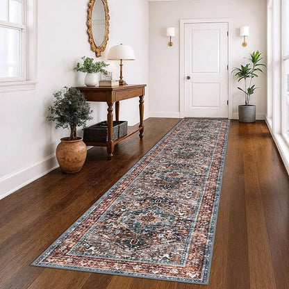 KOZYFLY Area Rug 3x14 Ft Washable Boho Runner Rug for Entryway Hallway Indoor Printed Faux Wool Carpet for Kitchen Bedroom Hall, Brick Red/Orange/Green