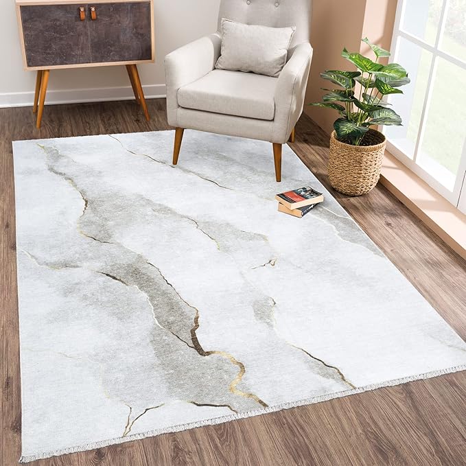 Bloom Rugs Caria Washable Non-Slip 3x5 Rug - Ivory/Gold Modern Abstract Area Rug for Living Room, Bedroom, Dining Room, and Kitchen - Exact Size: 3' x 5'