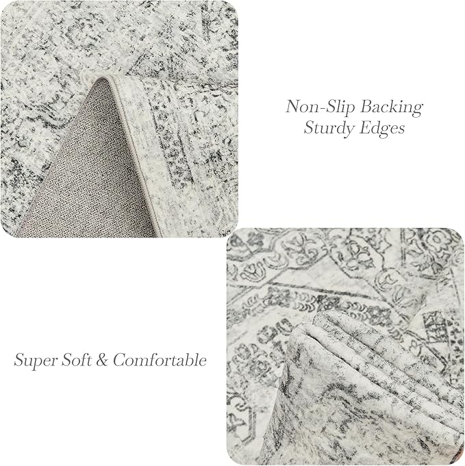 6x9 Area Rug for Living Room Floral Washable Non-Slip Gray Rugs for Bedroom Dinning Room Ultra-Thin Indoor Grey Rug