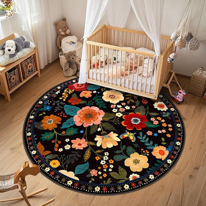 Floral 4ft Area Rug Machine Washable Soft Print Boho Carpet Non Slip Doormat Low Pile Flower Area Rugs for Living Room Bedroom Nursery Kitchen Dining Room Indoor-Black
