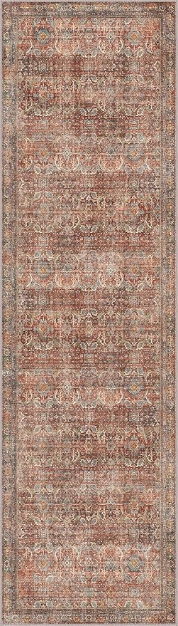 2x7 Runners Machine Washable Boho Rug Runners for Hallway,Ultra-Thin Low Pile Rug,Lightweight Carpet,Non Slip Floral Runners for Enrtyway, Corridor, Home Office, Kitchen,Terracotta/Indigo