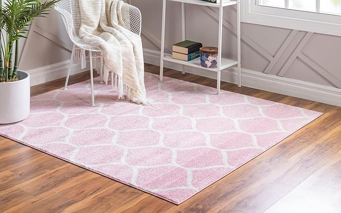 Rugs.com Lattice Frieze Collection Rug – 5' Square Light Pink Medium Rug Perfect for Living Rooms, Kitchens, Entryways