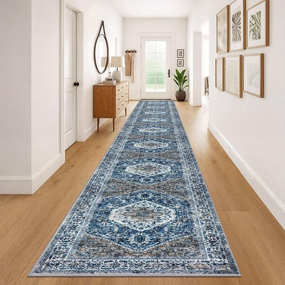 KOZYFLY Runners for Hallways 3x20 Ft Extra Long Washable Kitchen Thin Runner Rug Boho Runner Rug for Entryway Indoor Blue Printed Oriental Faux Wool Stair Floor Carpet Runner for Stair Kitchen Hall
