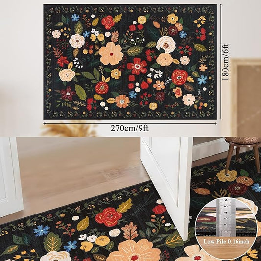 U'Artlines 6x9ft Vintage Floral Area Rug Machine Washable Ultra Soft Low Pile Non Slip Non Shedding Accent Floor Carpet for Living Room, Bedroom, Dining Room, Office (Black Green)