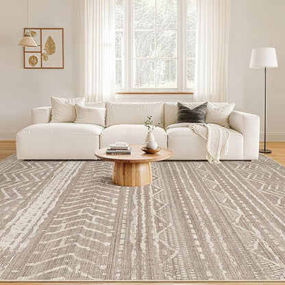 Nakagishi 7x9 Area Rugs Living Room: Washable Boho Large Neutral Soft Farmhouse Rug Stain Resistant Modern Geometric Non-Slip Indoor Floor Carpet for Bedroom Nursery Kids Playroom Office Dining Room