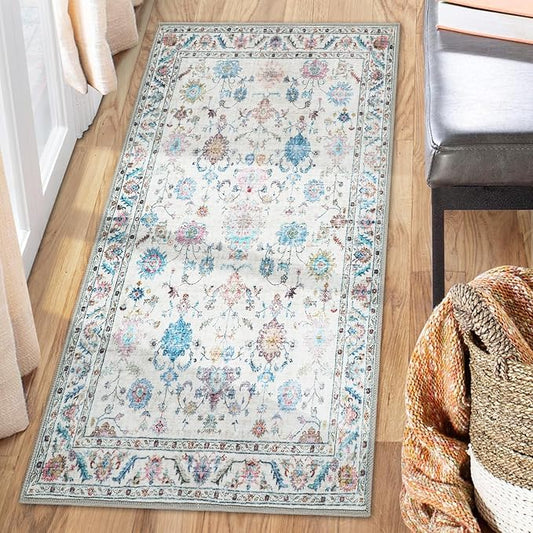 COMSLE Washable Door Mat, Front Door Mat Indoor Faux Wool Absorbent Small Rugs for Entryway Distressed Throw Rug Non-Slip Accent Floor Carpet for Entrance Bedroom, 24X48 Inches Pink Floral