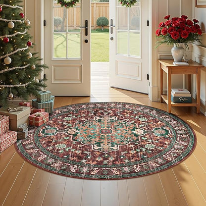 U'Artlines Boho Vintage Round Area Rug 4ft Machine Washable Low Pile Soft Floor Carpet Non Slip Non Shedding Accent Rug for Living Room Bedroom Entryway Dining Room Office Rust＆Teal