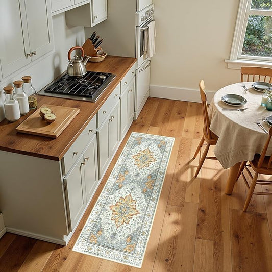 Area Rugs 2'x5' Washable Non-Slip, Floral Vintage Distress Print Pattern Medallion Carpet for Living Room Bedroom Dining Room, Light Yellow Carbon Grey Orange