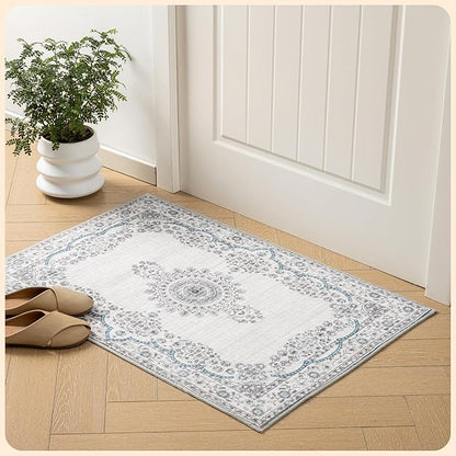 Istana Area Rug 2x4 - White Cream & Blue 2x4 Washable Rug Non Slip - Pet Friendly Living Room Rug - Non Shedding Washable Rugs for Bedroom - Foldable Bathroom Rugs