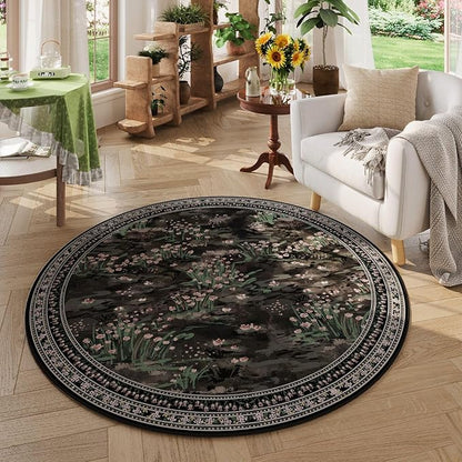 Rugcomf Circle Rug Impressionist-Style Vintage Round Rug 6ft Non Slip Low Pile Small Circular Rug for Bedroom Bathroom Entryway Kids Room Office College Dorm, Black