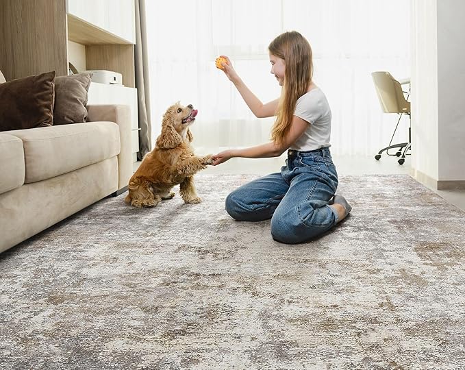 7x10 Area Rug Living Room Rugs - Washable Neutral Modern Abstract Soft Thin Large Rug Indoor Floor No Slip Rug Carpet for Bedroom Under Dining Table Home Office Decor - Brown Grey