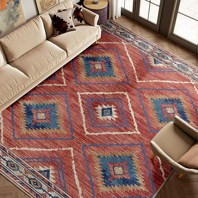 Area Rug 6x9 Rug Machine Washable Non-Slip Low Pile Print Pattern Western Rug for Living Room Bedroom Entryway Tribal Series -Red/Orange