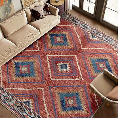Area Rug 6x9 Rug Machine Washable Non-Slip Low Pile Print Pattern Western Rug for Living Room Bedroom Entryway Tribal Series -Red/Orange