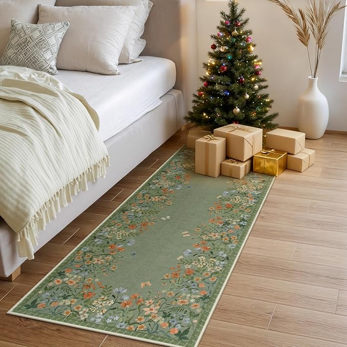 Wonnitar 2x6 Runner Rug for Hallways, Green Floral Bathroom Rugs Non Slip Washable Kitchen Runner, Low Pile Soft Botanical Runner for Girls Bedroom Laundry Room Bedside (Green,2'x6')