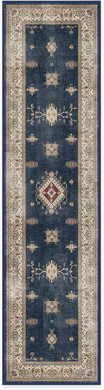 RUGGABLE Washable Vintage Runner Rug – Verena Sapphire 2.5x10, Stain-Resistant, Non-Slip Hallway Runner – Machine Washable Rug for Hallway, Entryway, Living Room & Kitchen–with Cushioned Pad