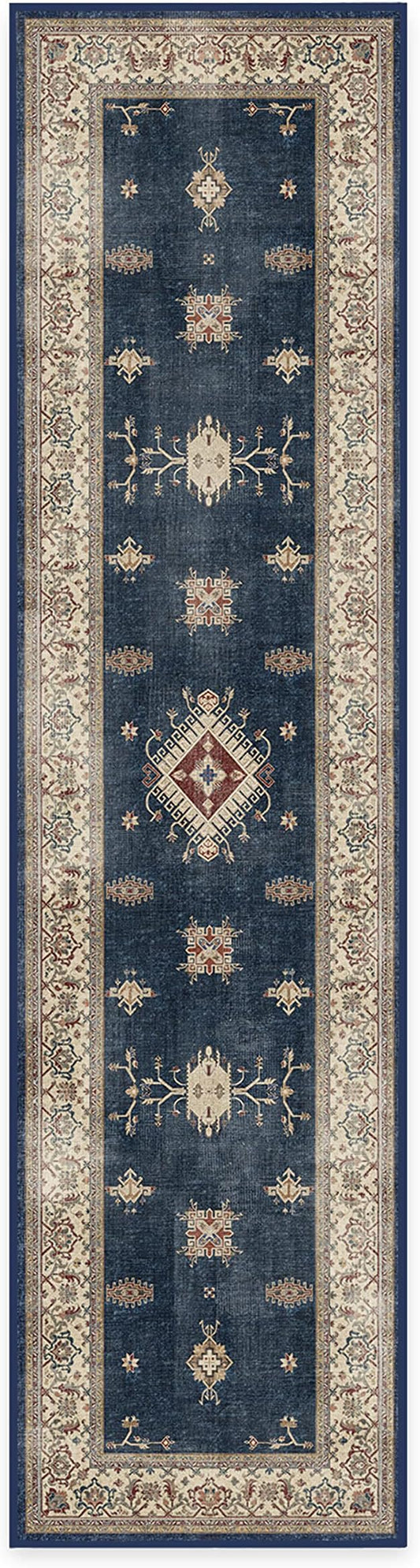 RUGGABLE Washable Vintage Runner Rug – Verena Sapphire 2.5x10, Stain-Resistant, Non-Slip Hallway Runner – Machine Washable Rug for Hallway, Entryway, Living Room & Kitchen–with Cushioned Pad