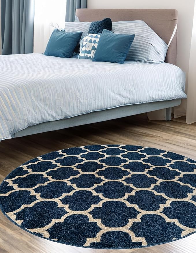 Rugs.com Lattice Collection Rug – 3 Ft Round Dark Blue Medium-Pile Rug Perfect for Kitchens, Dining Rooms