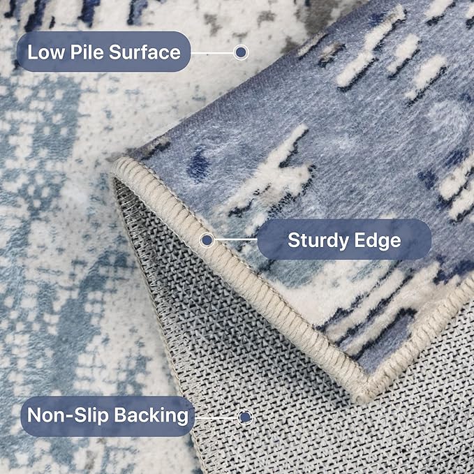 Washable Rug 8x10 Area Rug for Living Room Bedroom, Large Modern Abstract Rug Indoor Floor Carpets Low Pile No Shed Non-Slip with Rubber Backing Dining Room Kitchen Office (Blue, 8'x10')