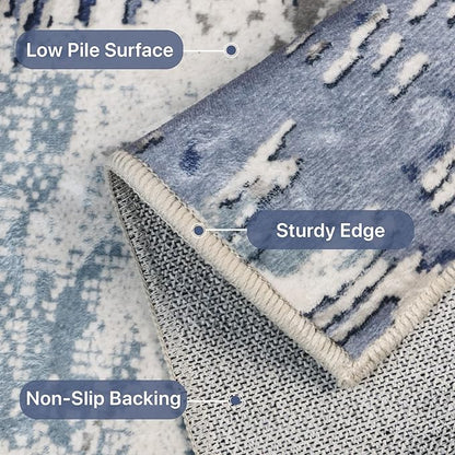Washable Rug 8x10 Area Rug for Living Room Bedroom, Large Modern Abstract Rug Indoor Floor Carpets Low Pile No Shed Non-Slip with Rubber Backing Dining Room Kitchen Office (Blue, 8'x10')