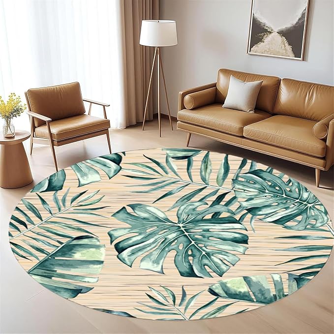 Tropical Leaf Round Area Rug 5ft - Green Beige Watercolor Design Indoor Carpet, Soft Non-Slip Floor Mat for Living Room Bedroom Office, Easy Clean Modern Decor