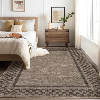 GarveeHome Machine Washable 5x7 Area Rugs Modern Bordered Living Room Rug Non Slip Checkered Geometric Bedroom Throw Carpet Soft Boho Rugs for Dining Room Nursery Home Office, Brown
