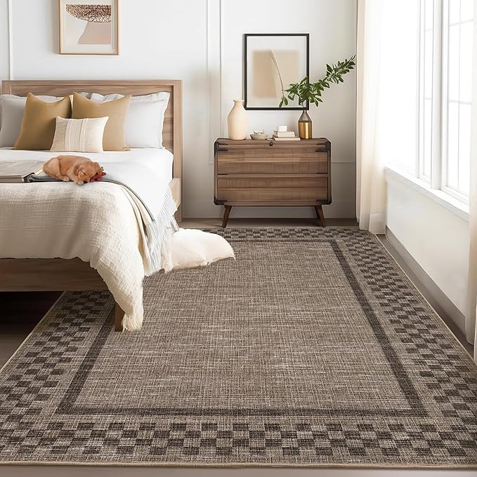 GarveeHome Modern Bordered 9x12 Area Rugs for Living Room Bedroom Soft Washable Large Bedroom Throw Carpet Non Slip Checkered Geometric Rugs for Dining Room Home Decor Office, Brown