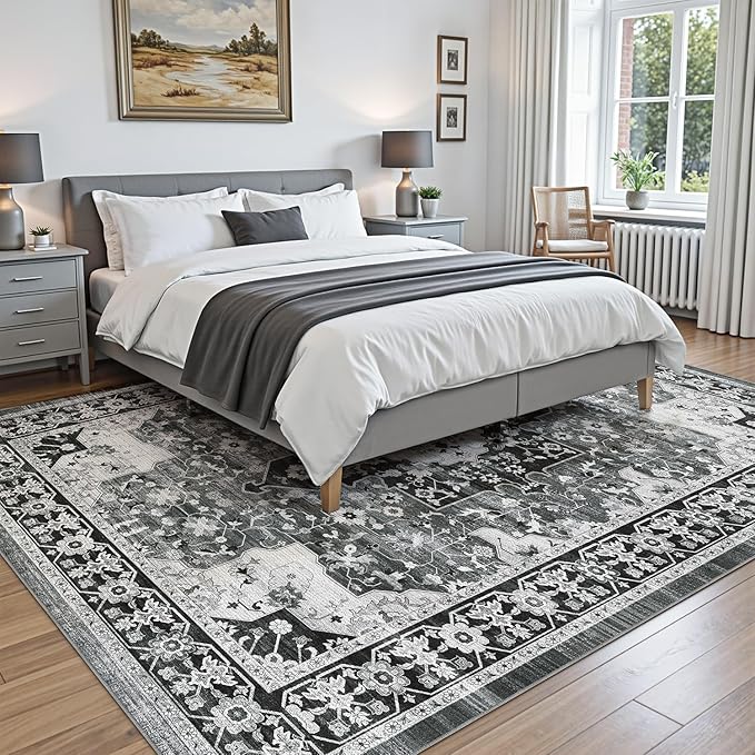 DEXI 10x14 Area Rug for Living Room, Washable Vintage Farmhouse Thin Rug Indoor Floor, Non Slip Stain Resistant Low Pile Carpet for Dining Room Bedroom Office, White Grey