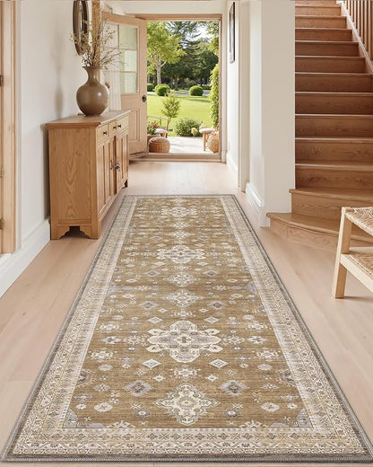 DEXI Hallway Runner Rug 3x10, Distressed Non Slip Runners Carpet, Boho Vintage Soft Thin Indoor Rug, Stain Resistant Washable Entry Mat for Entryway Kitchen Laundry Room Living Room, Light Brown