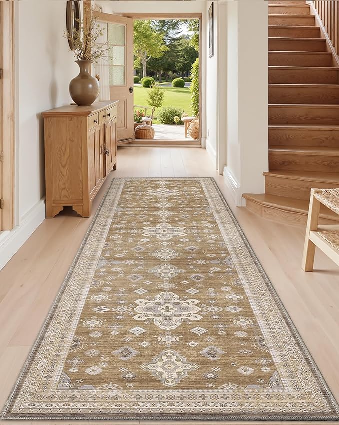 DEXI Hallway Runner Rug 3x7, Distressed Non Slip Runners Carpet, Boho Vintage Soft Thin Indoor Rug, Stain Resistant Washable Entry Mat for Entryway Kitchen Laundry Room Living Room, Light Brown