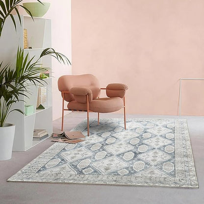 Fame Living Faded Oushak Rug, Turkish Vintage Floral Pastel Large Oversized Area Rugs for Living Room Dining Bedroom Kitchen Bathroom Nursery (848CrNv, 7'5" x 9'8")