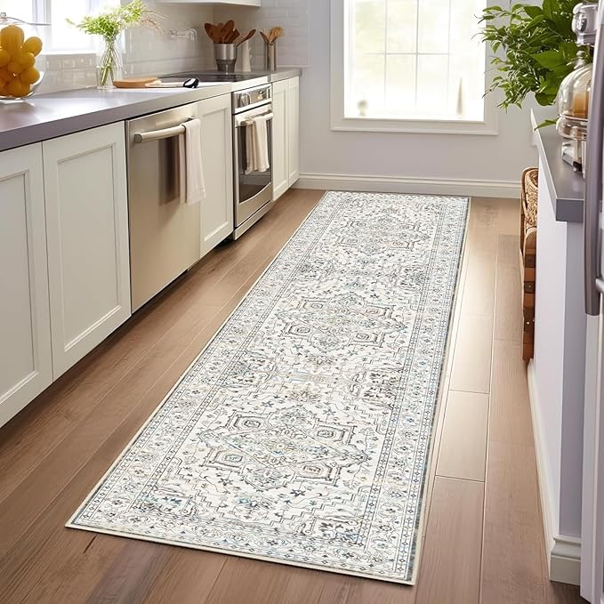 Enkor Runner Rugs for Hallway, 2.6x8 Washable Soft Non Slip Floor Rugs for Kitchen, Modern Mat for Living Room Bedroom Entryway White & Grey