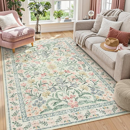 Lahome Boho Rugs for Living Room 5x7, Machine Washable Area Rugs Non-Slip, Vintage Floral Soft Kids Bedroom Carpet Rug for Home Girls Playroom Foyer Entryway, Beige/Multi