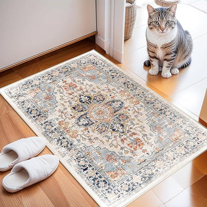 Enkor Area Soft Rugs 2x3 Washable Non Slip Boho Small Floor Entryway Rugs for Living Room Bedroom, Vintage Style Farmhouse Mat for Kitchen Orange & Black